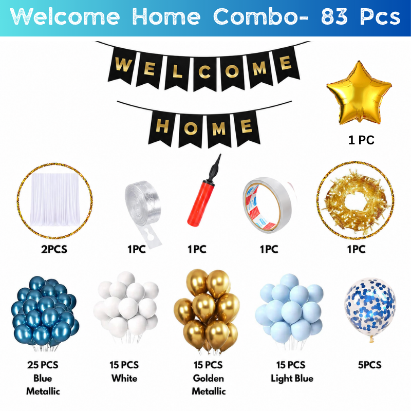 Welcome Home Decoration Items Set - Metallic Balloon Garland Arch Kit with Banner for Homecoming Party - (Pack of 83 Pcs)