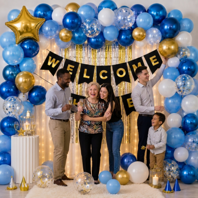 Welcome Home Decoration Items Set - Metallic Balloon Garland Arch Kit with Banner for Homecoming Party - (Pack of 83 Pcs)