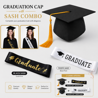 Graduation Cap and Sash Combo Pack - Premium Satin Graduate Sash with Elegant Tassel Cap for Ceremony – (2 Pcs)