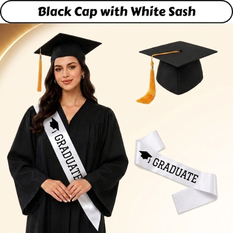 Graduation Cap and Sash Combo Pack - Premium Satin Graduate Sash with Elegant Tassel Cap for Ceremony – (2 Pcs)