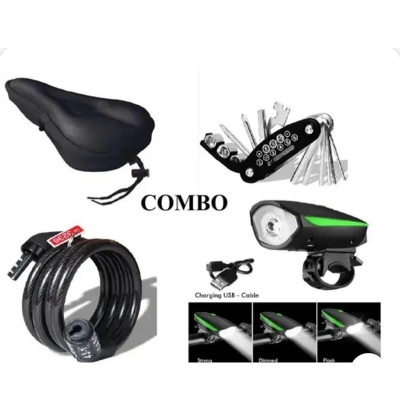 Picture of 4-in-1 Bicycle Accessories Combo – Comfortable Seat Cover, Multi-Tool Kit, LED Front Headlight with USB Charging, and Anti-Theft Lock Cable | Essential Bike Accessories for Cycling