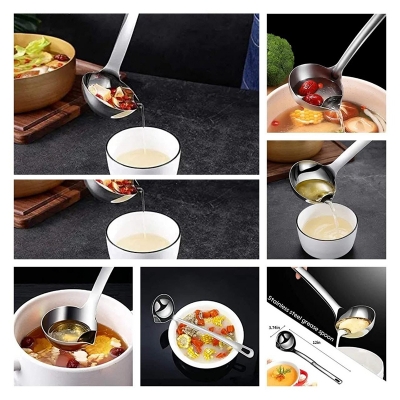 Picture of Stainless Steel Oil/Fat Separator Soup Ladle, Home Kitchen Cooking Tools, Stainless Steel Strainer Ladle with Long Handle,