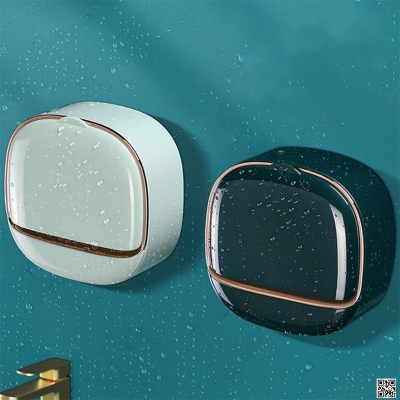 Picture of Soap Box Flip Lid Soap Dish Wall Mounted Soap Dish No Drilling Waterproof Soap Box with Drip Tray Self-Adhesive Soap Dishes for Bathroom and Kitchen