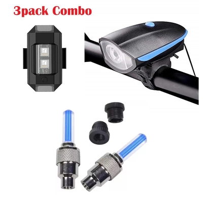 Picture of Rechargeable Premium Cycle Front, Helmet & Valve Light and with Horn Waterproof Cycle Light Multicolor 3 pack Combo