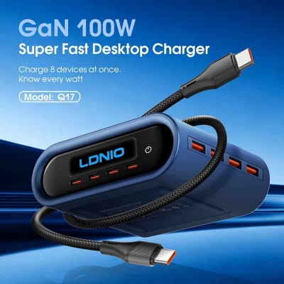 Picture of LDNIO Q17 Multi Port GaN 100W Desktop Charger Safety Protection Desktop Power Adapter 4A Real-Time Wattage Display Home Office