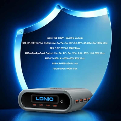 Picture of LDNIO Q17 Multi Port GaN 100W Desktop Charger Safety Protection Desktop Power Adapter 4A Real-Time Wattage Display Home Office