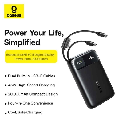 Picture of Baseus EnerFill FC11 Digital Display Power Bank with Dual Built-in USB-C Cables 20000mAh 45W - Black