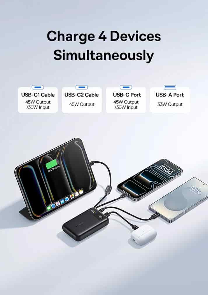 Picture of Baseus EnerFill FC11 Digital Display Power Bank with Dual Built-in USB-C Cables 20000mAh 45W - Black