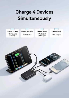Picture of Baseus EnerFill FC11 Digital Display Power Bank with Dual Built-in USB-C Cables 20000mAh 45W - Black