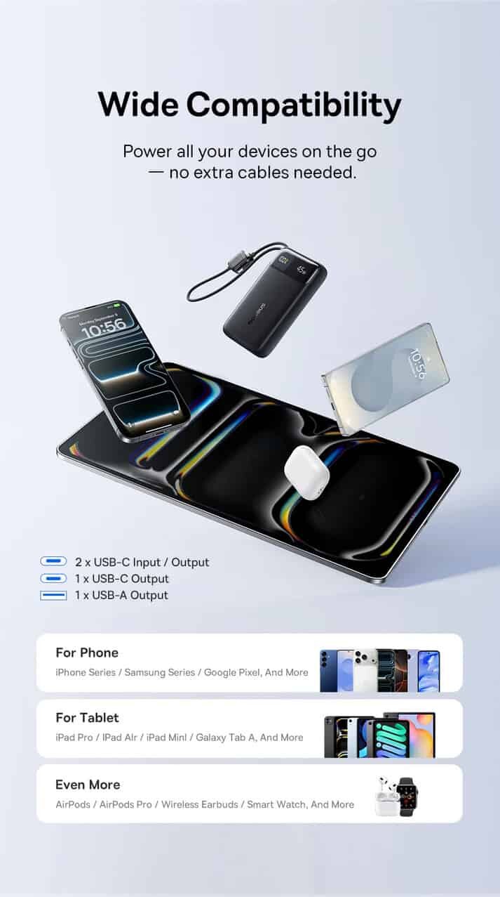 Picture of Baseus EnerFill FC11 Digital Display Power Bank with Dual Built-in USB-C Cables 20000mAh 45W - Black