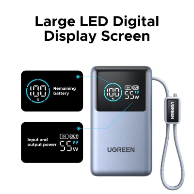 Picture of Ugreen Nexode Pro PB727 10000mAh 55W Power Bank Built-in USB-C Cable, 45W PD Super Fast Charging Battery Pack with Digital Display