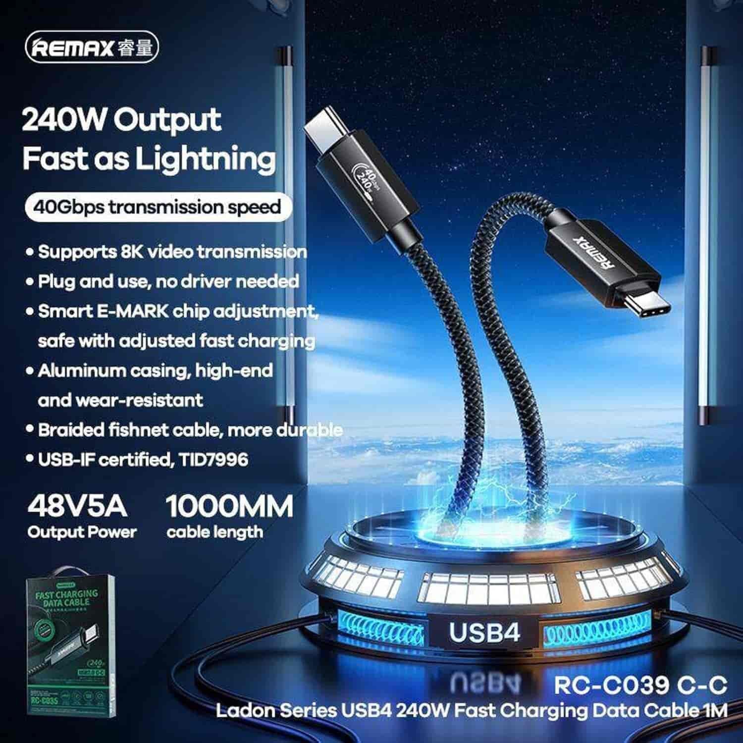 Picture of Remax RC-C039 240W Type-c to Type-c Cable 8K 40GBPS Thunderbolt USB 4.0 Cable