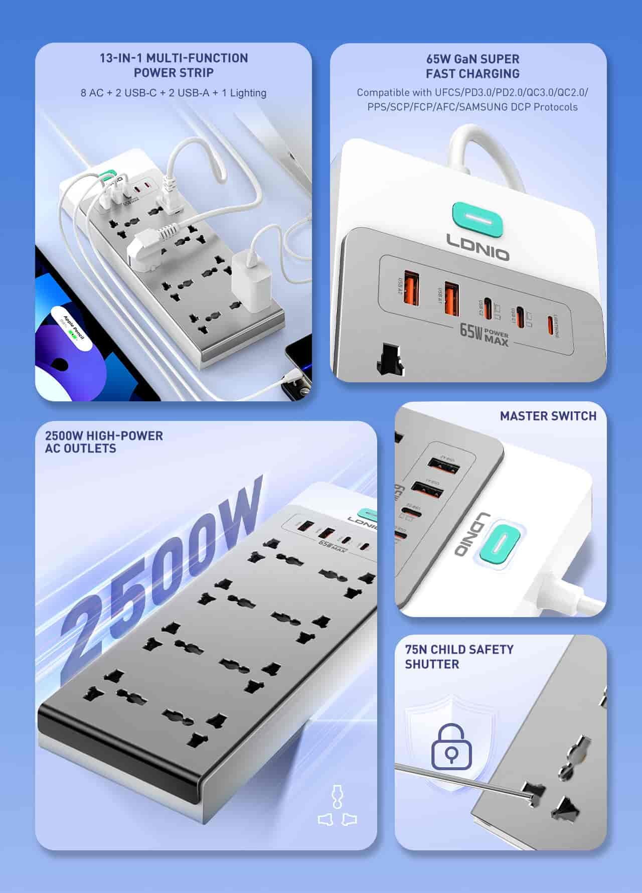 Picture of LDNIO SC4 65W PD GaN Desktop Power Strip 13 in 1 Multi Port 2500W High Power Multi Device Charging Power Strip Extension Socket