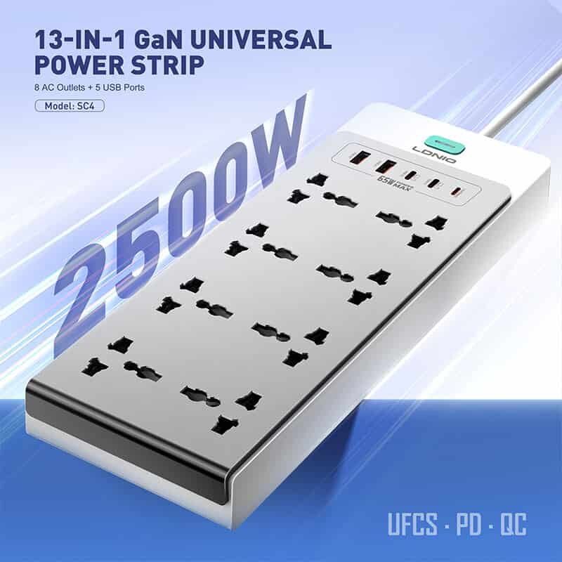 Picture of LDNIO SC4 65W PD GaN Desktop Power Strip 13 in 1 Multi Port 2500W High Power Multi Device Charging Power Strip Extension Socket