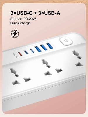 Picture of LDNIO SC5614C 5 Way Outlets Power Strip USB-A 3, USB-C3, 2500 Watt Power Supply