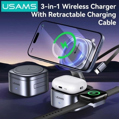 Picture of USAMS CD257 Qi2.0 3-in-1 Magnetic Wireless Charger 15W Fast Wireless Charging Stand with Retractable Cable