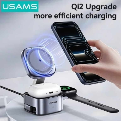 Picture of USAMS CD257 Qi2.0 3-in-1 Magnetic Wireless Charger 15W Fast Wireless Charging Stand with Retractable Cable