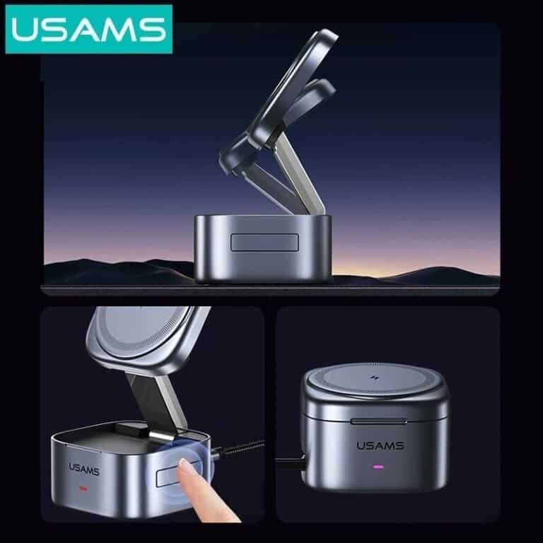 Picture of USAMS CD257 Qi2.0 3-in-1 Magnetic Wireless Charger 15W Fast Wireless Charging Stand with Retractable Cable