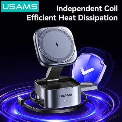 Picture of USAMS CD257 Qi2.0 3-in-1 Magnetic Wireless Charger 15W Fast Wireless Charging Stand with Retractable Cable