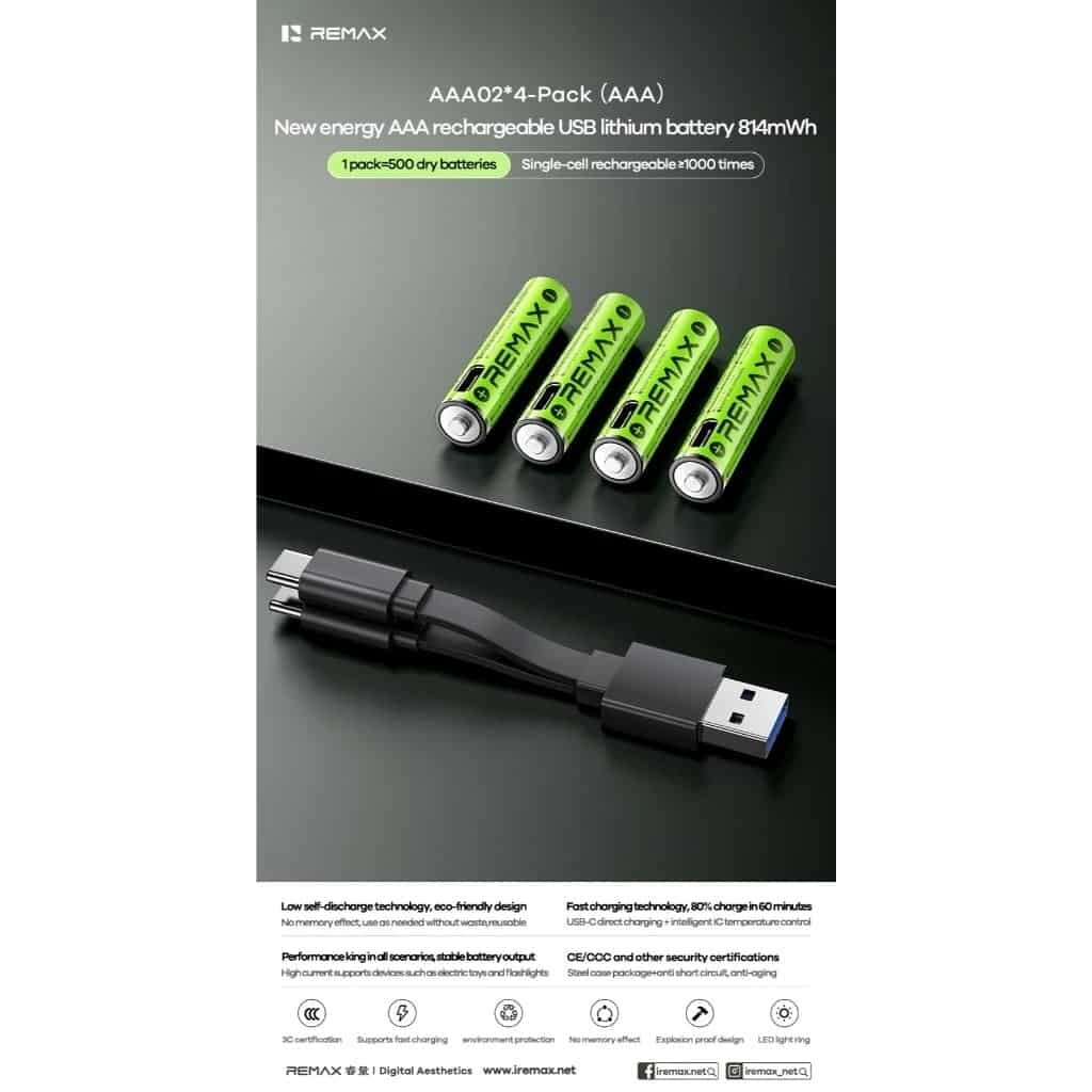 Picture of REMAX AAA02 New Energy AAA Rechargeable USB Lithium Battery 814mWh (2Pcs/4Pcs)