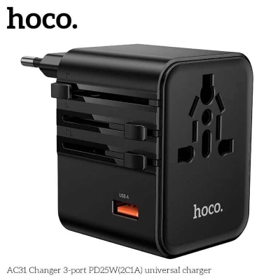 Picture of Hoco AC31 PD 25W 2 x Type-C and USB-A 3-Ports Global Universal Travel Charger - Black