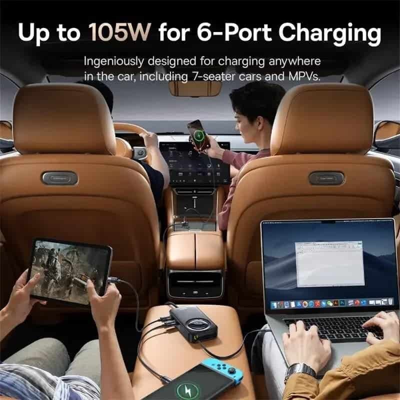 Picture of Baseus PrimeTrip VW1 105W Car Charger with 60W Retractable Cable 6 Port Fast Charging for Laptop, Phone, Camping