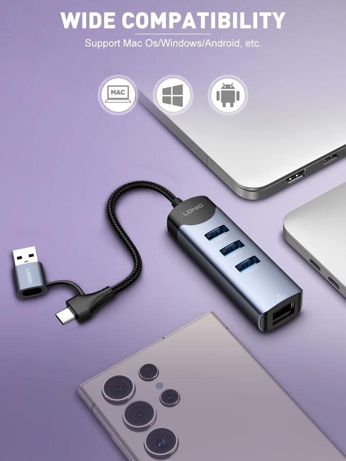 Picture of Ldnio DS-144uc USB-A+C+RJ45 Hub Adapter - Black