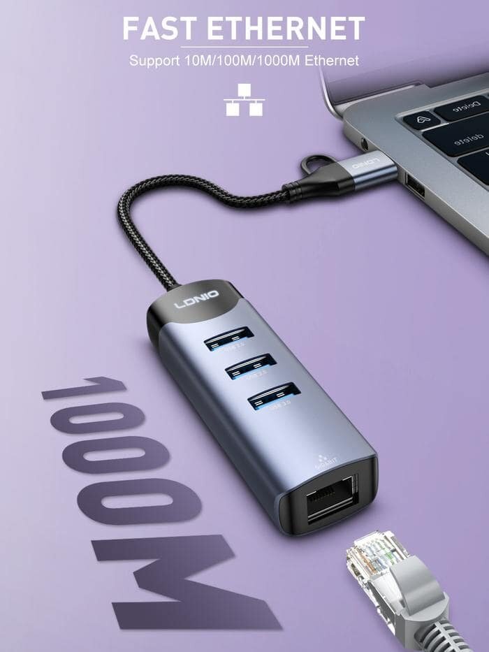 Picture of Ldnio DS-144uc USB-A+C+RJ45 Hub Adapter - Black