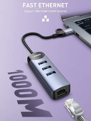 Picture of Ldnio DS-144uc USB-A+C+RJ45 Hub Adapter - Black