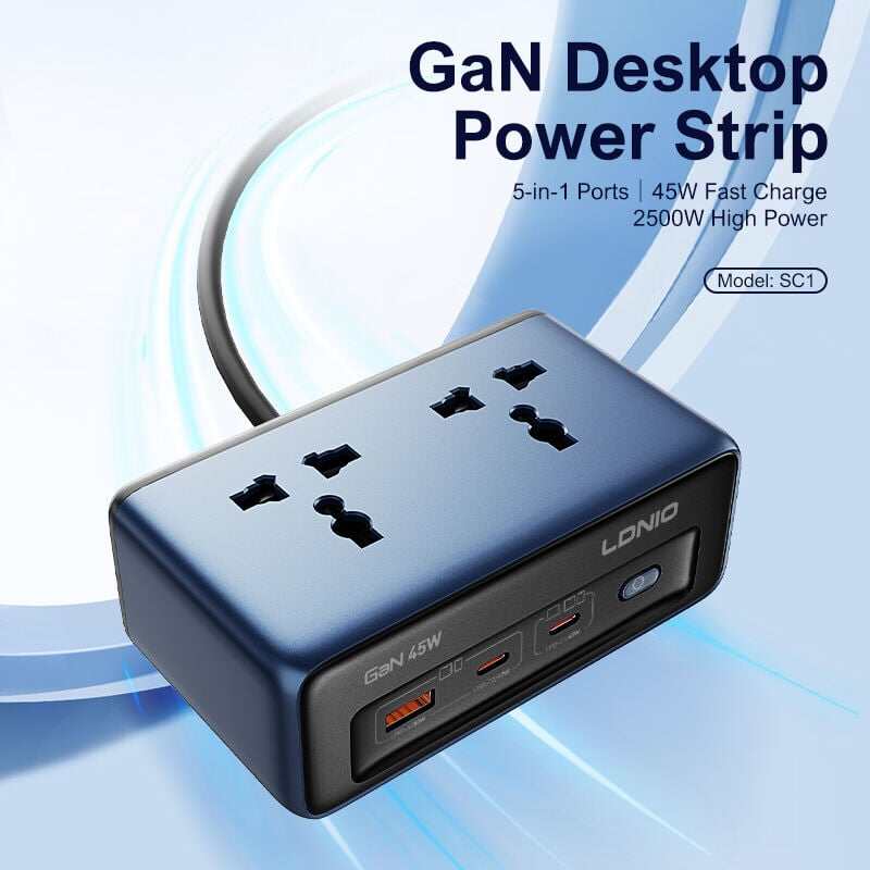 Picture of LDNIO SC1 2500W Universal 2 Outlets Desktop Power Strip US/UK/EU Plug Power Socket with 1 USB-A +2 USB-C PD Charging