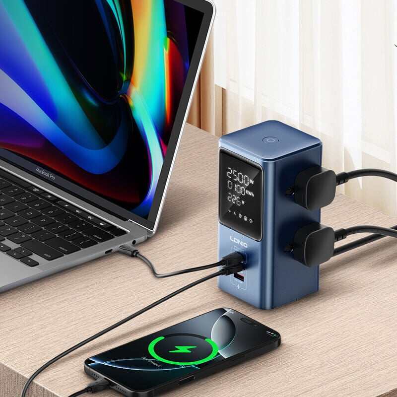Picture of LDNIO SC2 PD 45W GaN USB-C Fast Charing 7-in-1 Charge Station Power Strip with Led Screen for Home and Office