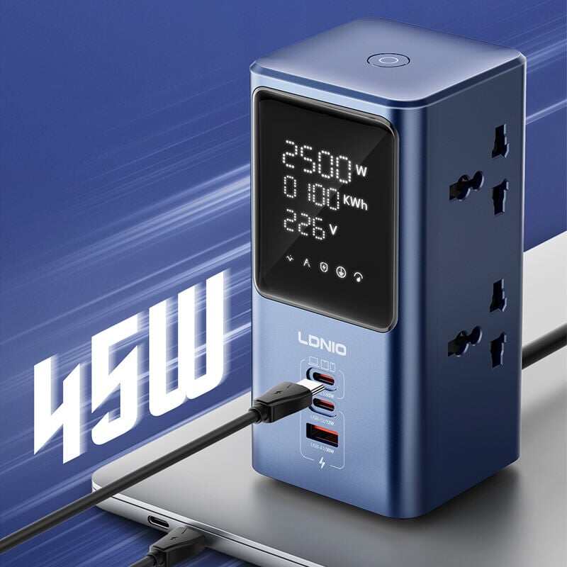 Picture of LDNIO SC2 PD 45W GaN USB-C Fast Charing 7-in-1 Charge Station Power Strip with Led Screen for Home and Office