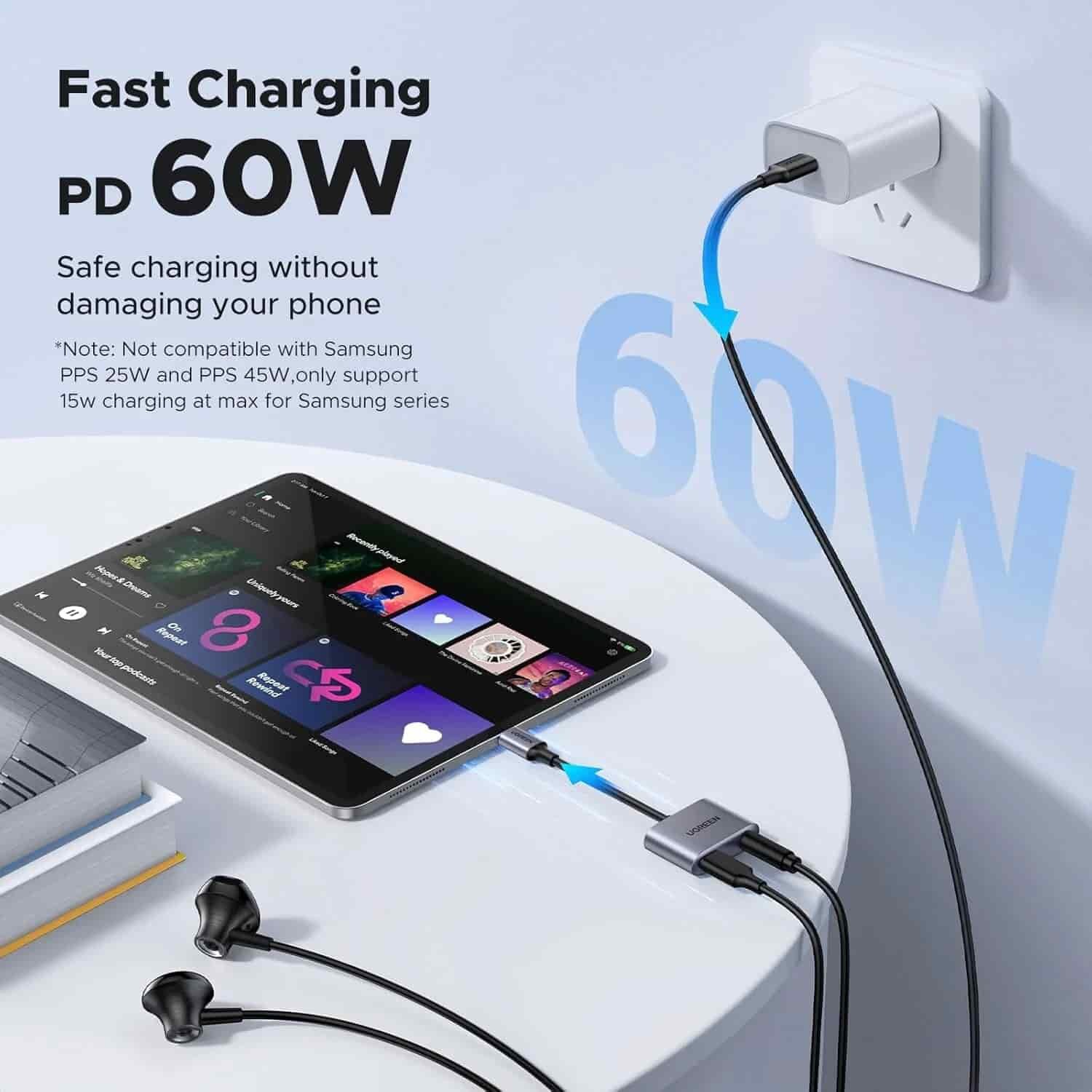 Picture of UGREEN USB C to 3.5mm Audio Jack and Charger Adapter 60W PD Fast Charge DAC Audio Splitter (60164)