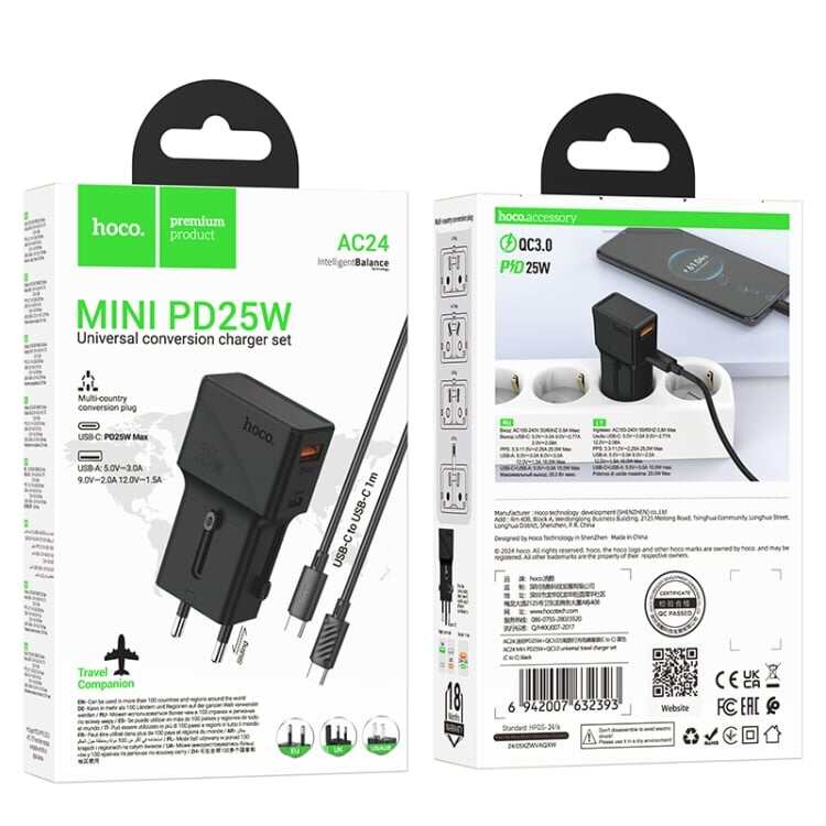 Picture of Hoco AC24 Mini PD25W QC3.0 Universal Travel Charger with Type-C to Type-C Cable