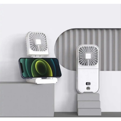 Picture of F30 Folding Handheld Fan with Digital Display, USB Charging, Neck Strap & Power Bank Function – White