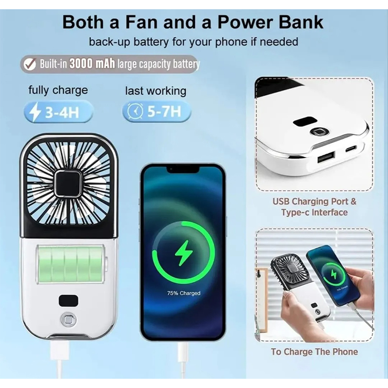 Picture of F30 Folding Handheld Fan with Digital Display, USB Charging, Neck Strap & Power Bank Function – White