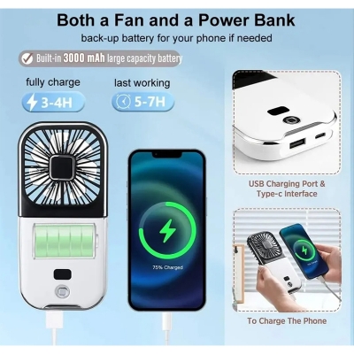 Picture of F30 Folding Handheld Fan with Digital Display, USB Charging, Neck Strap & Power Bank Function – White