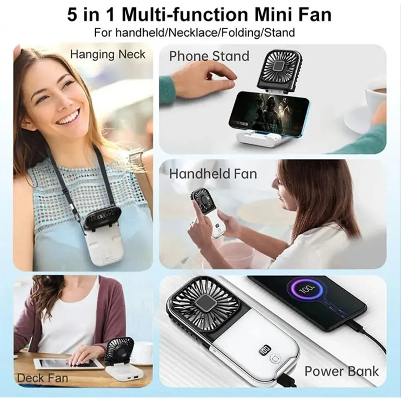 Picture of F30 Folding Handheld Fan with Digital Display, USB Charging, Neck Strap & Power Bank Function – Black