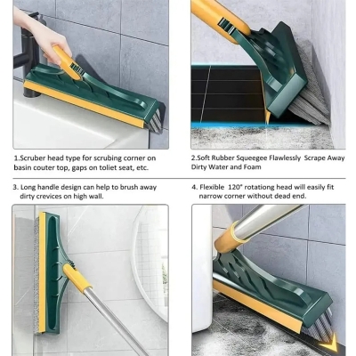 Picture of 2-in-1 Multipurpose Bathroom Cleaning Brush & Floor Wiper with Long Handle, 120° Rotating – Green