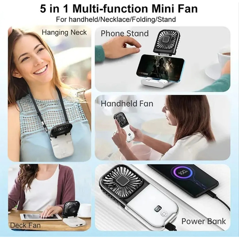 Picture of F30 Folding Handheld Fan with Digital Display, USB Charging, Neck Strap & Power Bank Function – Green