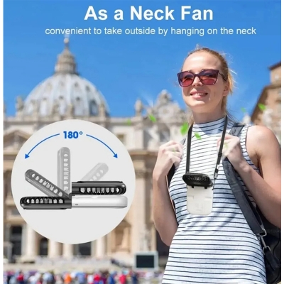 Picture of F30 Folding Handheld Fan with Digital Display, USB Charging, Neck Strap & Power Bank Function – Green