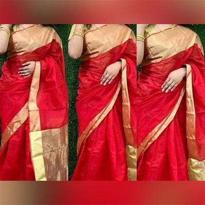 Picture of Red and Golden Tangail Half Silk Saree for Women