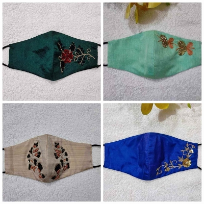 Picture of Women's 3-Layer Katan Face Masks with Karchupi Work and Nose Bridge – 4 Pieces