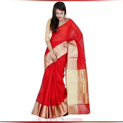 Picture of Red and Golden Tangail Half Silk Saree for Women