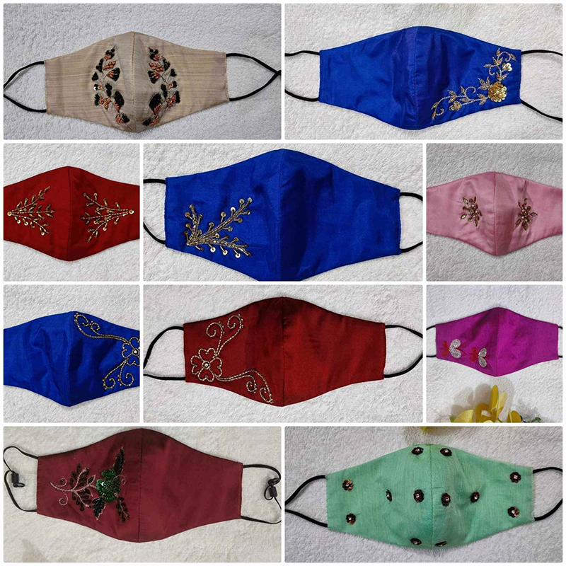 Picture of Women's 3-Layer Katan Face Masks with Karchupi Work and Nose Bridge – 10 Pieces