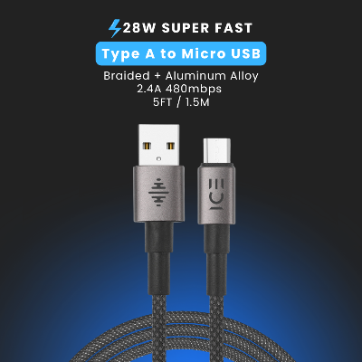 Picture of ICE Type A to Micro USB 28W– Braided Cable | 5ft / 1.5 Meter | Fast Charging-Black