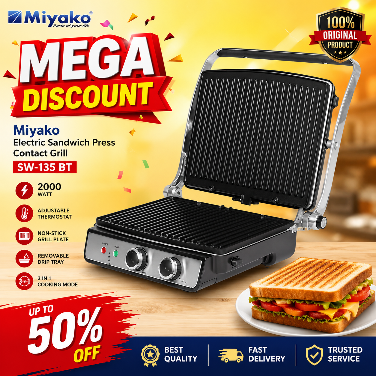 Picture of Miyako Electric Sandwich Press Contact Grill, Grill Sub Sandwich Maker (2000 Watt) SW-135 BT-Black