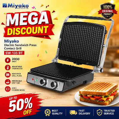 Picture of Miyako Electric Sandwich Press Contact Grill, Grill Sub Sandwich Maker (2000 Watt) SW-135 BT-Black