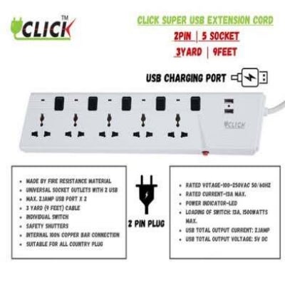 Picture of Click Multi Plug 5 Socket 2/3 Pin 5 meter Cable-White