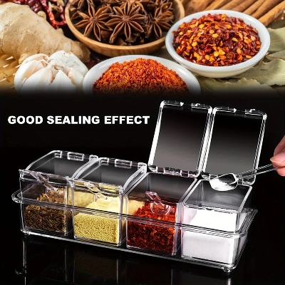 Picture of 4 Grids Kitchen Transparent Seasoning Box Used For Salt Sugar And Pepper Clear Acrylic Seasoning Box with Cover and Spoon